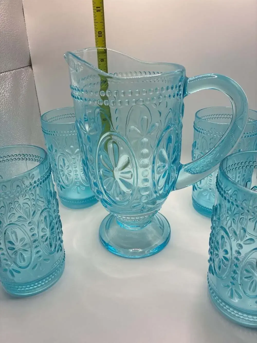 Vintage-Inspired Embossed Light Blue Glass Pitcher And 4 Tumbler Drinking Glasse